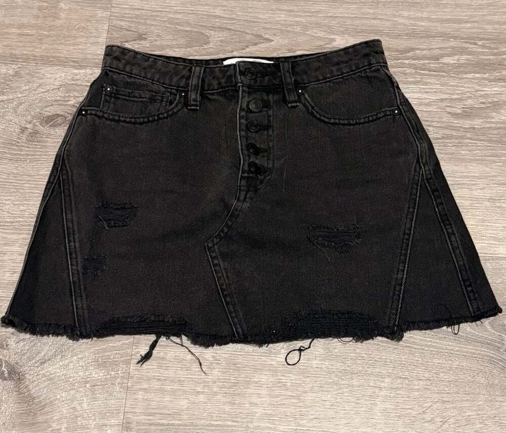 We The Free People Black Distressed Button Fly Denim Mini Skirt Size 25